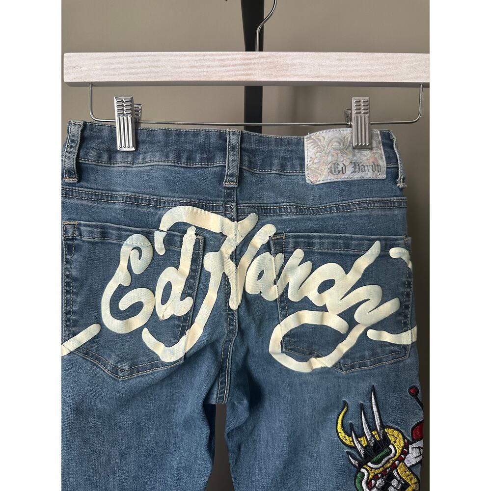 Ed Hardy Y2K Slim Fit Flare Jeans "New York" Dragon Embroidered Size 24 - Picture 5 of 9
